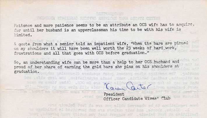 Letter wives received prior to arrival at OCS